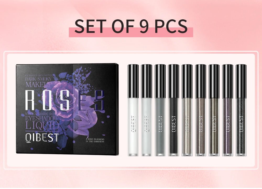 QIBEST 9pcs Gray Glitter Liquid Eyeshadow Stick Set Pigment Fine Shimmer Matte Natural Cheek Milk Black Shadow Cream Eye Makeup