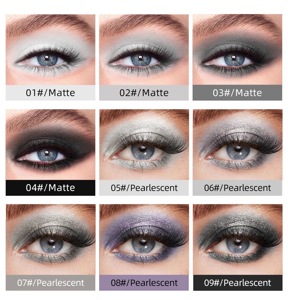 QIBEST 9pcs Gray Glitter Liquid Eyeshadow Stick Set Pigment Fine Shimmer Matte Natural Cheek Milk Black Shadow Cream Eye Makeup