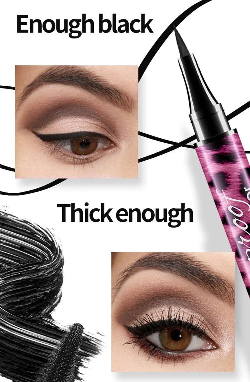 36-Hour Lasting Curling Eyeliner +4D Fiber Mascara Elongate Eyelashes Leopard Print Black Mascara Waterproof Eye Makeup Cosmetic
