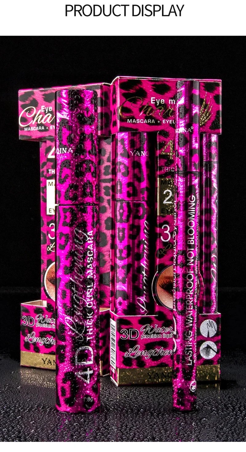 36-Hour Lasting Curling Eyeliner +4D Fiber Mascara Elongate Eyelashes Leopard Print Black Mascara Waterproof Eye Makeup Cosmetic