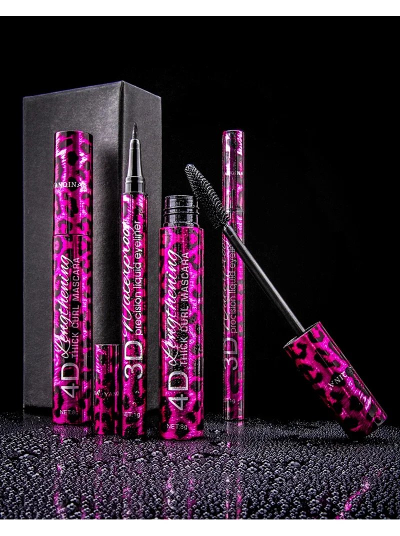 36-Hour Lasting Curling Eyeliner +4D Fiber Mascara Elongate Eyelashes Leopard Print Black Mascara Waterproof Eye Makeup Cosmetic