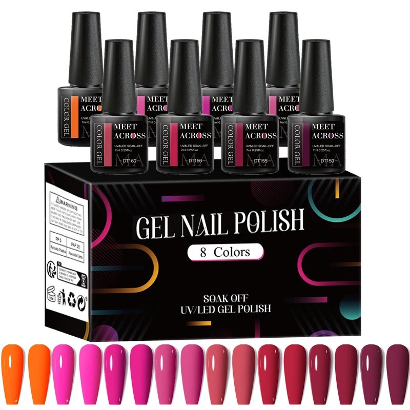 MEET ACROSS 8Pcs/Set Fluorescent Gel Nail Polish Summer Spring Colorful Laser Glitter Nail Art Gel Varnish Manicure For Nails