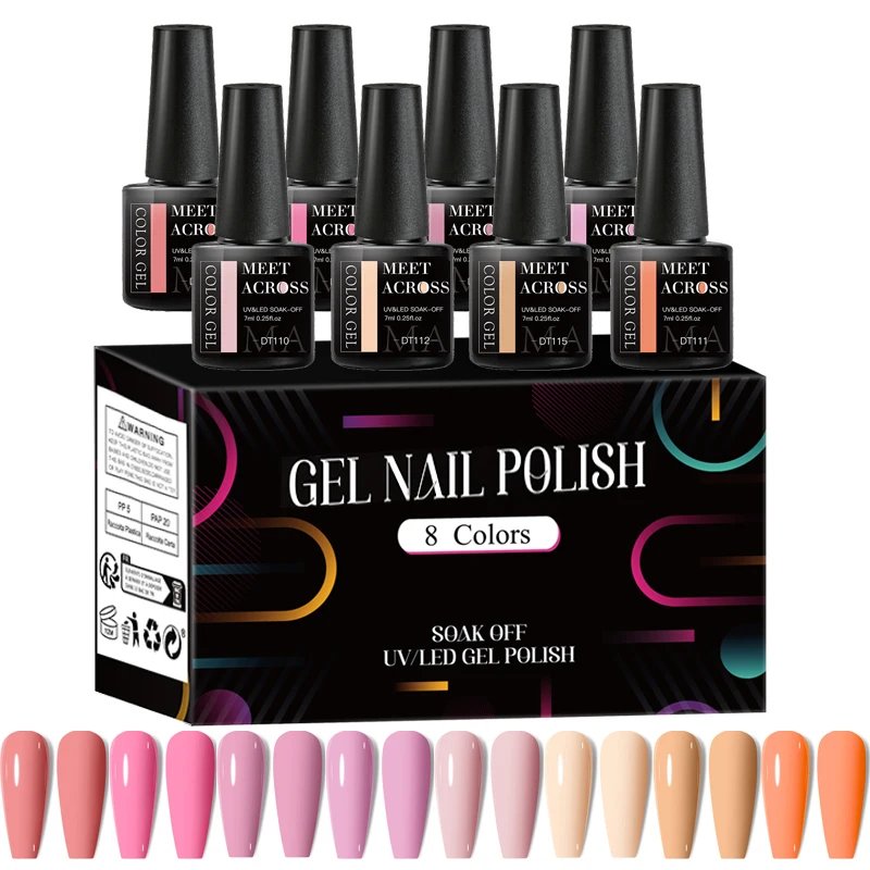 MEET ACROSS 8Pcs/Set Fluorescent Gel Nail Polish Summer Spring Colorful Laser Glitter Nail Art Gel Varnish Manicure For Nails